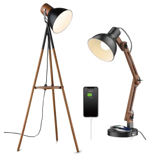 Elyona Dimmable Tripod Floor Lamp With Table & Wood Desk Lamp With Wireless Charging & Usb Port, Swing Arm, Led Bedside Table Lamp For Bedroom, Adjustable Reading Task Lights For College Dorm #TOP6