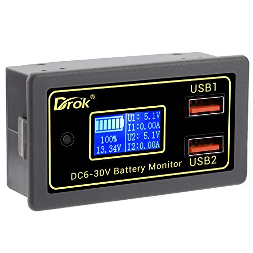 DROK Battery Monitor for Car, DC 6V-30V Battery Capacity Percentage Voltage Meter, 12v 24v Motorcycle Battery Voltmeter with USB Port Support Fast Charge Output 3v-12v 5v 9v