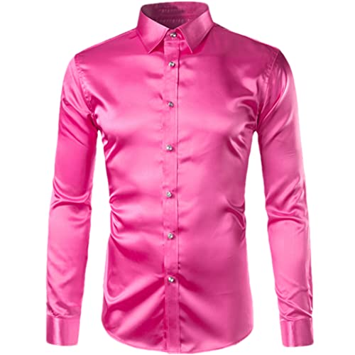 Chemise pour homme en satin de soie Niiyyjj manches longues rose XL