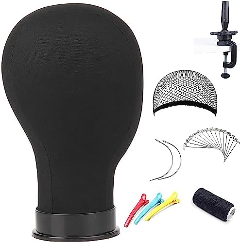 Wig Head Canvas Block Head for Wig Making Display Styling Manikin Head with Stand Mannequin Head with Mount Hole(23inch black)