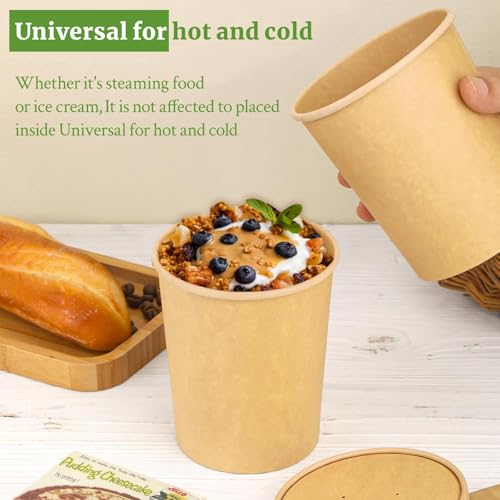 Image of 32 Oz 25 Pack Paper Soup Containers with Lids, Ice Cream Cups | Paper Soup Cups with Vented Lids for Refrigerator, On-the-Go, Ice Cream, Fruits with PLA Lined