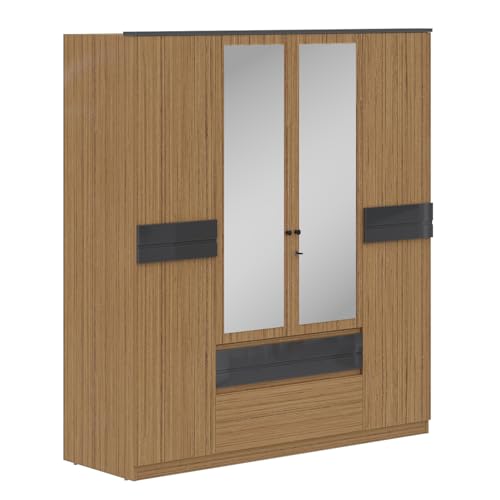 Image of Wakefit Elphi 4 Door Wardrobe with Mirror Urban Teak,Grey Foil