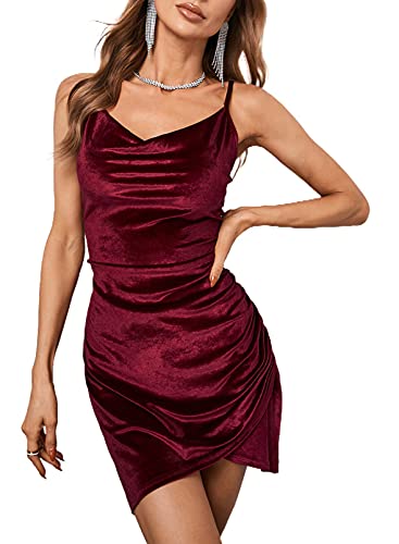 lime flare Women Sexy Crushed Velvet Elegant Club Dress Ruched Cocktail Warp Dresses (B# Burgundy,X-Large)