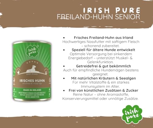 Irish Pure Freiland-Huhn Senior – 12kg + 6x390g - getreidefreies Trockenfutter & Nassfutter für ältere Hunde – mit Kelp-Alge – 100 % natürlich & artgerecht - optimal ausgewogene Ernährung - Sparpaket