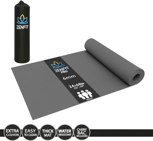 Image of Yoga Mat for Women & Men | High Density TPE Yoga Mat with 6mm Cushion | Non-Toxic, Sweat-Resistant & Double Sided Anti-Slip Exercise Mat | Lightweight & Portable with Carry Bag (Grey)