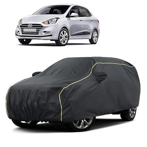 Image of Sulfar 100% Water Resistant Car Body Cover Compatible with Mirror for Hyundai Xcent (Triple Stitched, Full Bottom Elastic, Dark Grey Taffeta with Yellow Piping)