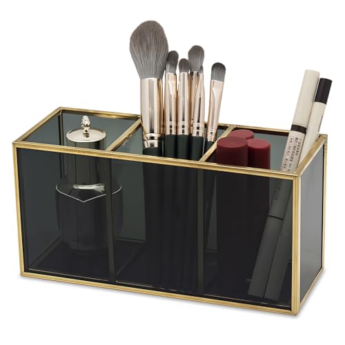 HARLIANGXY Contenitore per Pennelli da Trucco in Vetro, Contenitore per Cosmetici Nero, Organizer per Cosmetici, Organizzatore per Trucchi 18 x 7 x 9 cm