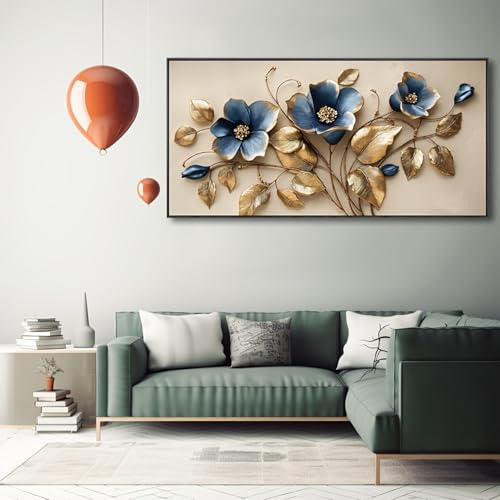 Tableau métal 3D relief abstrait or et bleu grand format de qualité premium