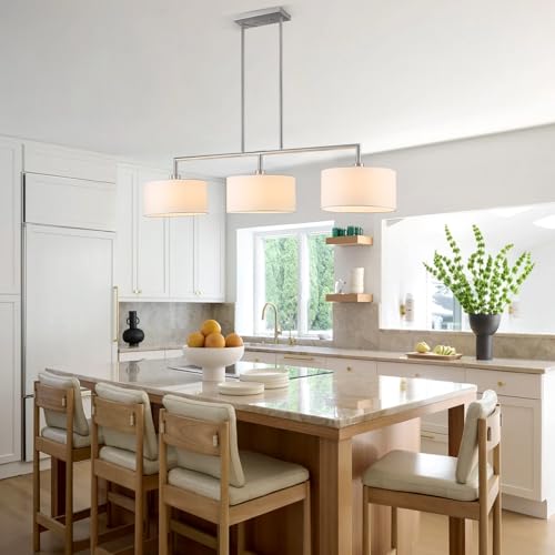 Image of 47 inch Linear Kitchen Island Lighting 3-Light Brushed Nickel Chandelier with White Fabric Drum Shade Adjustable Hanging Pendant Light for Dining Room Light Fixtures Over Table,Kitchen,Bar,Living Room,E26