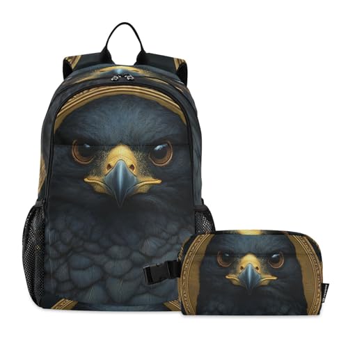 Kids Backpack Black Falcon School Bookbag with Lunch Bag for Boys Girls Preschool Kindergarten Elementary Laptop Daypack