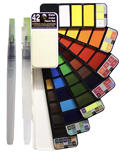 Li'l Davinci Watercolor Paint Set, 42 Assorted Colors Foldable Paint Set with 2 Water Brushes, Travel Pocket Watercolor Kit (1 Pack)