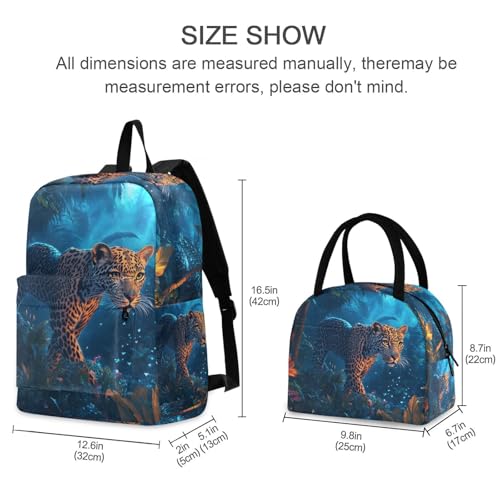 Backpack Lunch Box Set Large Capacity Travel Backpacks and Insulated Lunch Bag for Commute Hiking Picnic Night Leopard Print2