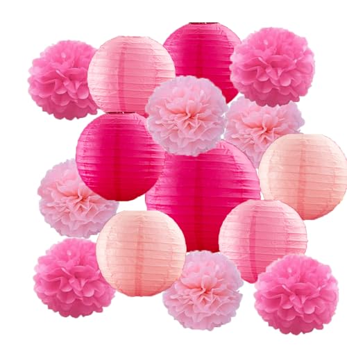 15 Pcs Pink Paper Lanterns Rose Red and Pink Round Chinese Lanterns Tissue Flowers for Wedding Birthday Mothers Day Engagement Baby Showers Party Decorations