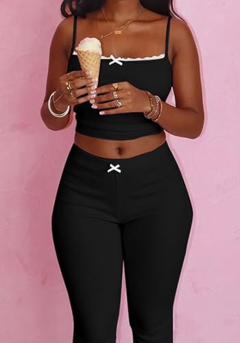 Women's 2 Piece Outfits Sexy Spaghetti Straps Sleeveless Camisole Crop Tops Bodycon Capri Pants Sets2