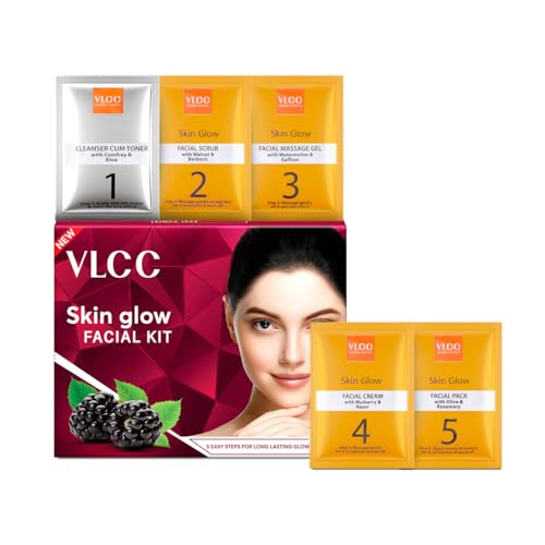 Image of VLCC Glow Facial Kit - 25g X 3 (75g) (Pack of 3) | Promotes Cell Renewal, Helps Brighten Complexion, Even Tone Skin | Smoothens Uneven Skin Texture | With Aloe Vera, Cucumber, Saffron & Mulberry