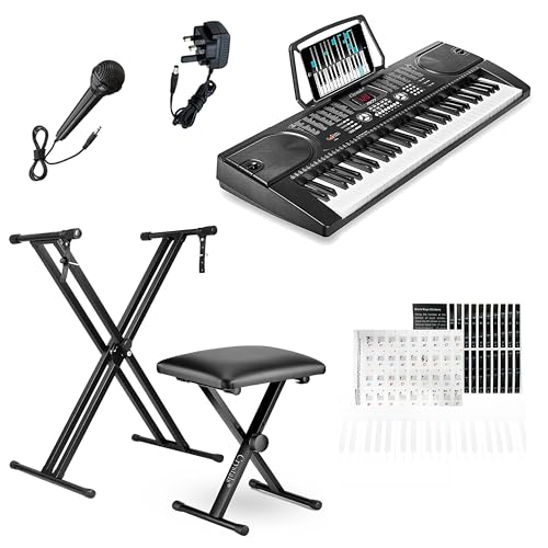 Crystals 61-Key Electric Keyboard Digital Piano Instrument Set with Microphone, Double Braced Adjustable Stand & Padded Stool - Portable Keyboard for Beginner Musicians - Black