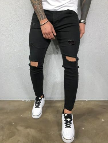 Jeans Pants Trouser Denim Ripped Hole Street Trendy Black Elastic Tight Slim Fit Men4