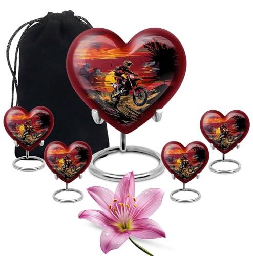 Image of Motorcycle Biker Cremation Urns - Combo of 5 with 8 Inch Heart Ash Holder for Dad & Adult Female and 3 Inch Sunset Keepsake Urns for Mom, Men & Women - Funeral Memorial Ash Containers