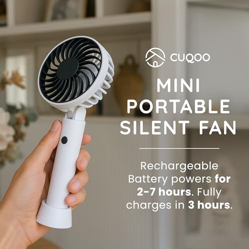 CUQOO Hand Held USB Fan – Rechargeable Mini Desk Fan – Portable Handheld Battery Operated with 3 Speeds, Silent Cooling, 180° Rotation & Removable Stand for Home Travel Outdoor (Black/White)