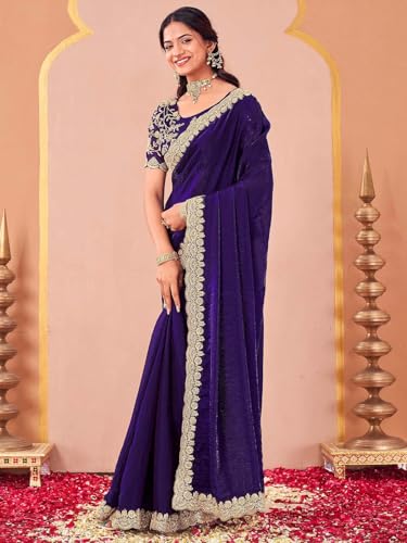 Image of SIRIL Women's Tissue Silk Sequins Embroidery Saree with Unstitched Blouse Piece