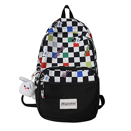 Linda mochila escolar quadriculada com acessórios Kawaii para meninas, mulheres, adolescentes, mochilas escolares para livros, mochilas femininas para laptop, Preto