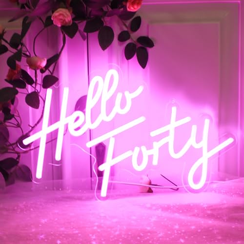 Image of Hello Forty Neon Sign 40th Birthday LED Neon Light for Forty Birthday Party Decor Hallo Forty Party Favors Personalized Gift for Girls