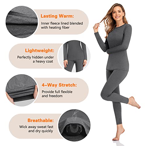 Simiya Thermal Underwear Set For Women Long Johns With Fleece Lined Long Sleeves Base Layer Set Top Bottom Grey #TOP2