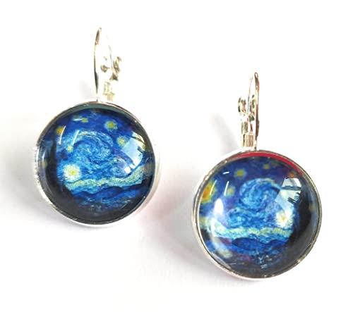 argentato Orecchini Pendenti Cabochon, Idea Originale per Regalo Natale,Notte Stellata, Fatto a Mano, Gioielli Donna