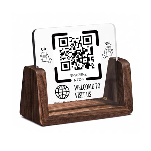 Wooden Stand with Clear Acrylic QR & NFC Sign for Storefront – Easy and Fast Access to Social Media Page for Customers – Perfect for Promoting Social Media Following - Applicable to Official Websites
