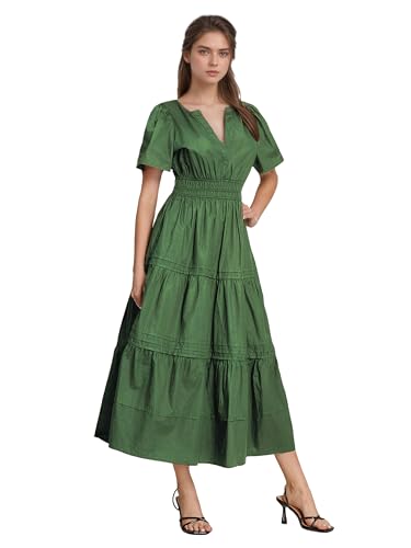 Image of ShallWe Women's Basic Plain Summer Dress Casual Long Maxi Short Sleeve Layered Cotton V Neck A Line Fashion Travel