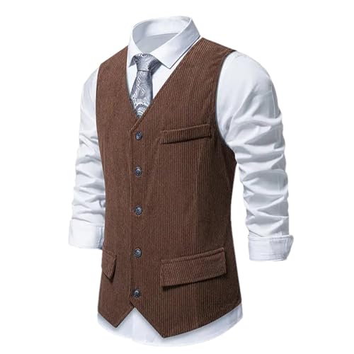 Men's Slim Fit Corduroy Suit Vest – Solid Color V-Neck Waistcoat Casual Top