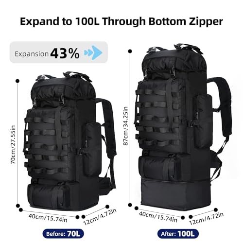 LibSkyln 70L/100L Hiking Backpack, Large Camping Backpack with Rain Cover, Waterptoof Military Tactical Backpack