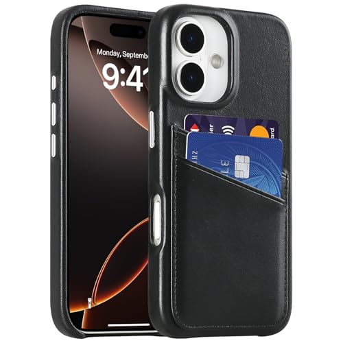 Étui portefeuille iPhone 16 cuir véritable anti-choc avec porte-carte