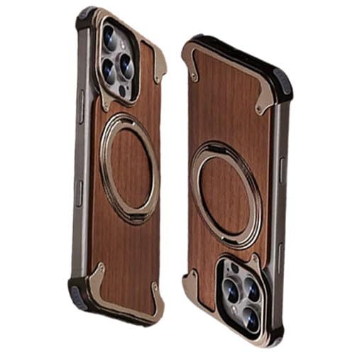 Metal Frameless Case for iPhone 16 Pro Max/16 Pro, Compatible with MagSafe 360° Rotating Stand Enhanced Shockproof Protection Ultra-Slim Walnut Wood Aluminum Case (Desert Titanium, 16 Pro)