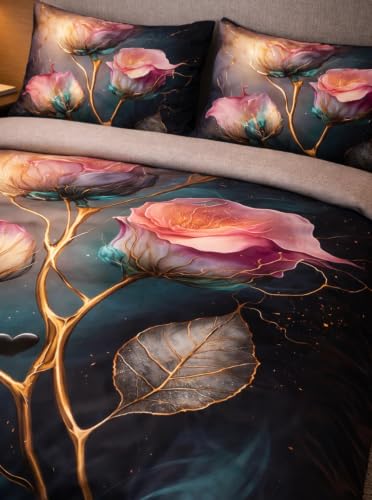 Image of DECOR WELL 7d Bedsheet for Double Bed King Size with 2 Pillow Covers, Polycotton 220 TC Super Soft & Breathable, Wrinkle Free Pink Gold Rose Printed Double Bed Bedsheet Set (90x100 Inch)