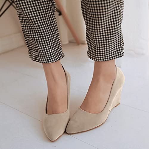 Women's Pointed Toe Wedge High Heel Pumps Suede Casual Slip-On Comfort Chunky Dress Walking Shoes4