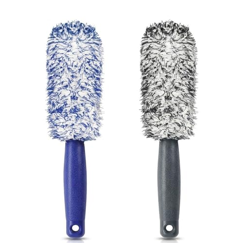 Aonuy Wheel Brush Alloy Car Wheel Cleaning Brush with Microfiber Braided Fabric 2Pcs Microfiber Flat Wheels Rim Cleaner Brushes for Cars Wheels Motorcycles Bicycles Fenders Engine(Black and Blue)