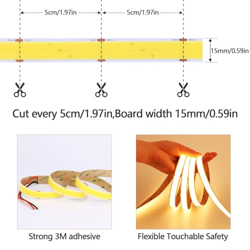 Image of GOMING 24V 15mm Width COB LED Strip Warm White 3000K 16.4ft(5M) 120W | 960LEDs /M 13750lm CRI 93+ Big Luminous Surface IP20 Not Waterproof LED Tape Lights for Home Decor(Power Supply not Included)