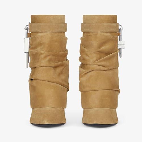 Fold Over Boots for Women Slouchy Stiletto High Heel Pointed Toe Metal Buckle Shark Lock Boots Mid Calf Pull On 2024 Fashion Boots Short Booties4