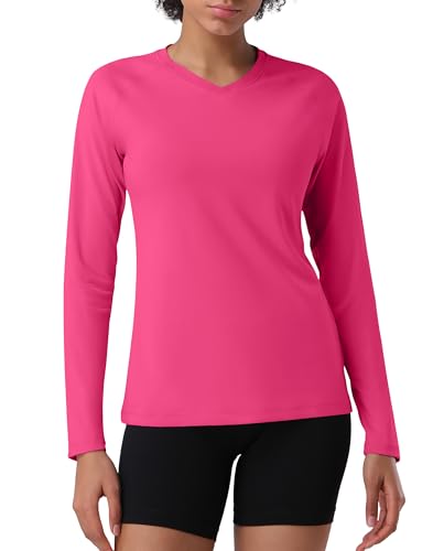 T-shirt sport manches longues femme rose col V taille L anti-UV