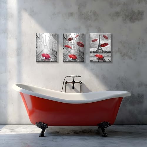 NAN Wind 3 Panels Modern Giclee Canvas Prints Paris Black and White with Eiffel Tower Red Umbrellas Flying Wall Art Landscape Wall Decor Paintings on Canvas Framed Ready to Hang for Home Decor