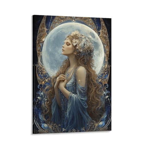 Hazzzey Art Nouveau Moon Goddess Canvas Wall Art, Ethereal Divine