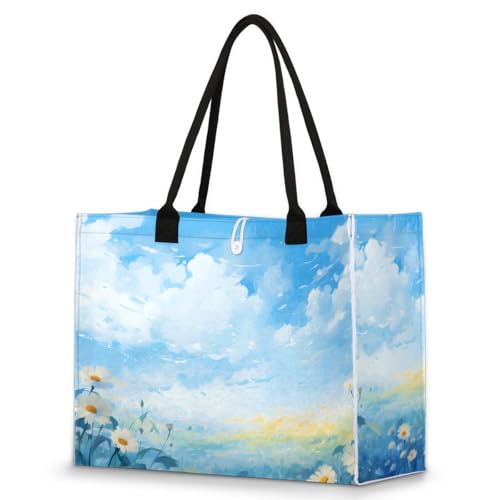 Sky White Chrysanthemum Tote Bag for Women Large Beach Bag Reusable Tote Bags for Work Travel Beach Shopping
