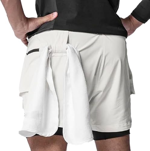 XDSP Pantalón Corto para Hombre Pantalones Cortos de Running para Correr 2 en 1 con Bolsillo para teléfono Entrenamiento Ligeros de Secado rápido Deporte Secado Rápido de Malla con Cordón(Blanco S) - imagen 3