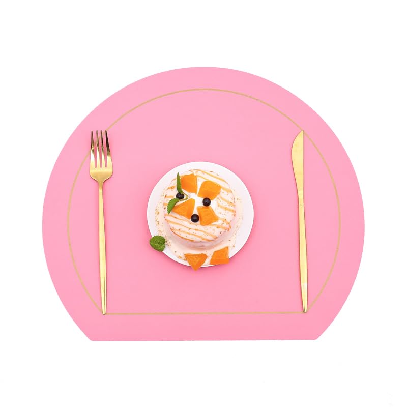 RWGSNB Table Mats Set of 6 Dual-Sided Leather Placemats and Coasters Semicircle Leather Table Mats and Coasters Washable Table Placemats Heat-Resistant and Non-Slip Deep Pink