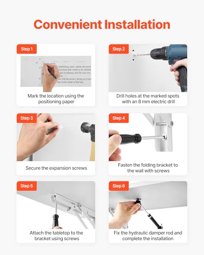 Image of VEVOR Wall Mounted Folding Table, 39.4 x 19.7 inches Wall Mount Table, Floating Desk with Iron Bracket for Small Spaces, Home Office, Dining, Laundry Room, Kitchen, Bar, White