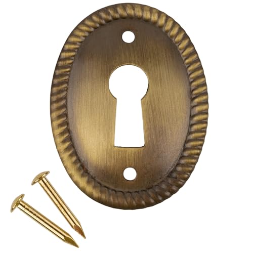 Oval Stamped Antique Brass Decorative Keyhole Cover | 1-1/2" H x 1-1/8" W | Keyhole Escutcheon Plate for Cabinet Door, Dresser Drawers, Desk | Antique, Modern Furniture Hardware | UA-259-AB