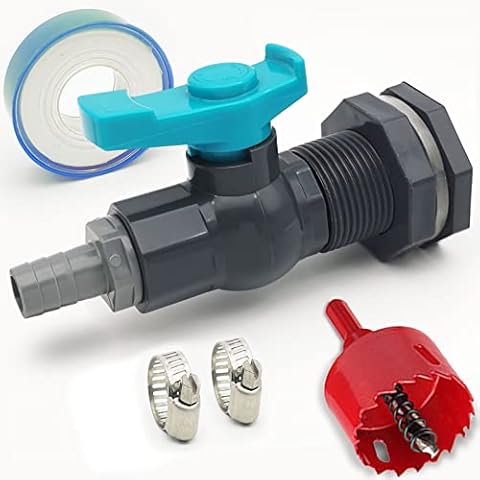 Qitdathn Rain Barrel Spigot PVC Faucet Kit Water Diverter Kit with Bulkhead Fitting, Ball Valve, Garden Hose Barb(25mm) Adapter, Pipe Clamps, Thread Tape, Hole Saw(for 25mm ID Hose) Cover