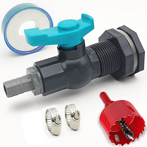 Qitdathn Kit de espiga de barril de lluvia de PVC con válvula de bola y adaptador de manguera de jardín de 12,5 mm de diámetro exterior y abrazaderas de tubería y cinta de sellado de rosca y sierra