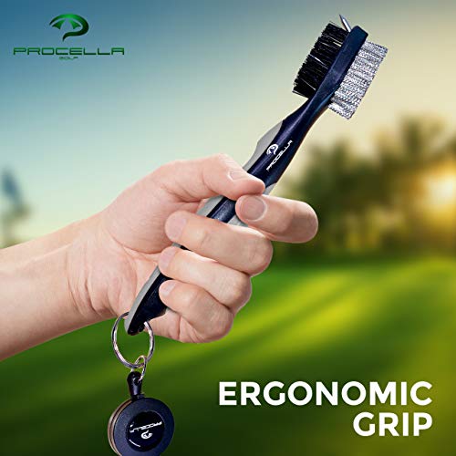 Procella Golf Club Brush and Groove Cleaner, 2 Ft Retractable Zip-line and Aluminum Carabiner, Golf Club Cleaner for Irons & Woods, Nylon & Wire Golf Club Cleaning Brush, Easily Attaches to Golf Bag